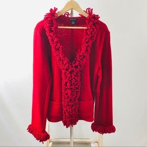 Tally-Ho Red Wool Yarn Fringe Trim Zip Front Cardigan Size Large